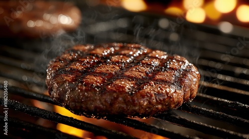 Macro view of a sizzling steak on the grill, vibrant sear marks and smoke in sharp detail, confident chef working in the background, kitchen energy blurred photo