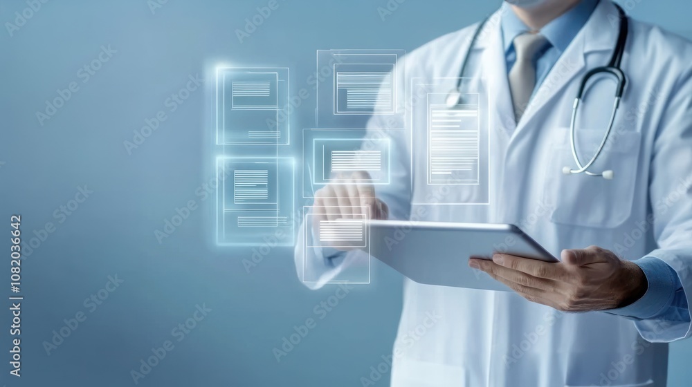 Doctor holding an electronic medical record with check mark icons floating in front, highlighting digital health records, medical data management Doctor holding an electronic medical record with check mark icons floating in front, highlighting digital health records, medical data management