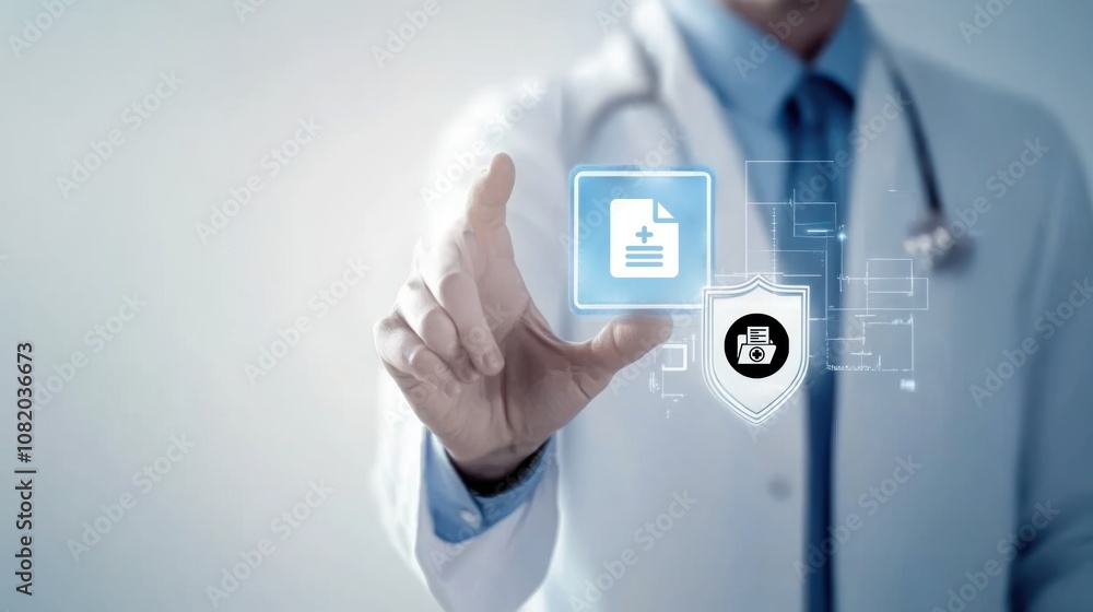 Digital doctor touching a virtual screen with a medical badge and checkmark icon on a white background, showcasing health records, medical technology Digital doctor touching a virtual screen with a medical badge and checkmark icon on a white background, showcasing health records, medical technology