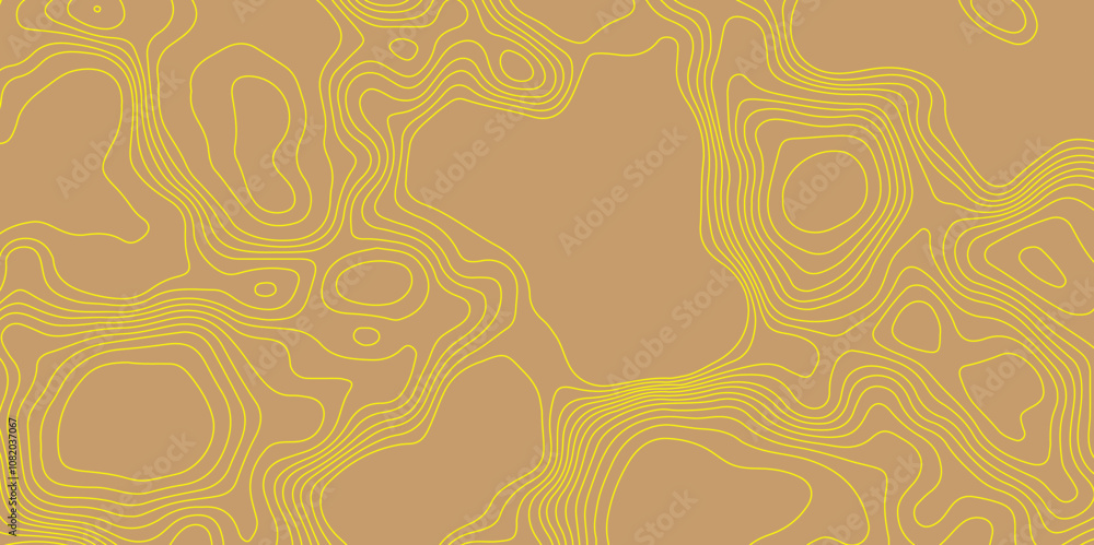 Curve yellow lines abstract topographic map brown background with vector contour map and geography map grid, lines map seamless pattern geographic mountain relief luxury topographic wavy pattern. Curve yellow lines abstract topographic map brown background with vector contour map and geography map grid, lines map seamless pattern geographic mountain relief luxury topographic wavy pattern.