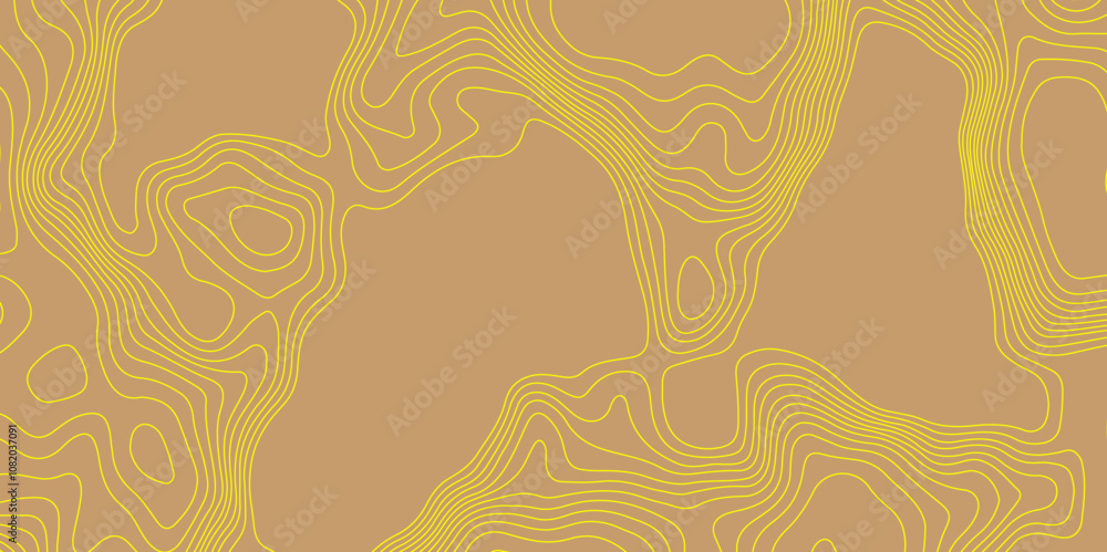 Curve yellow lines abstract topographic map brown background with vector contour map and geography map grid, lines map seamless pattern geographic mountain relief luxury topographic wavy pattern. Curve yellow lines abstract topographic map brown background with vector contour map and geography map grid, lines map seamless pattern geographic mountain relief luxury topographic wavy pattern.