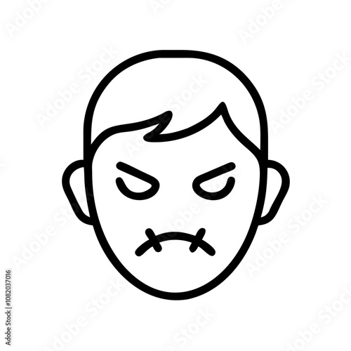 Brooding face icon with stitched mouth symbolizing silence and hidden emotions in a modern design