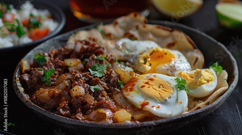 A plate of food served alongside a glass of beer on a table