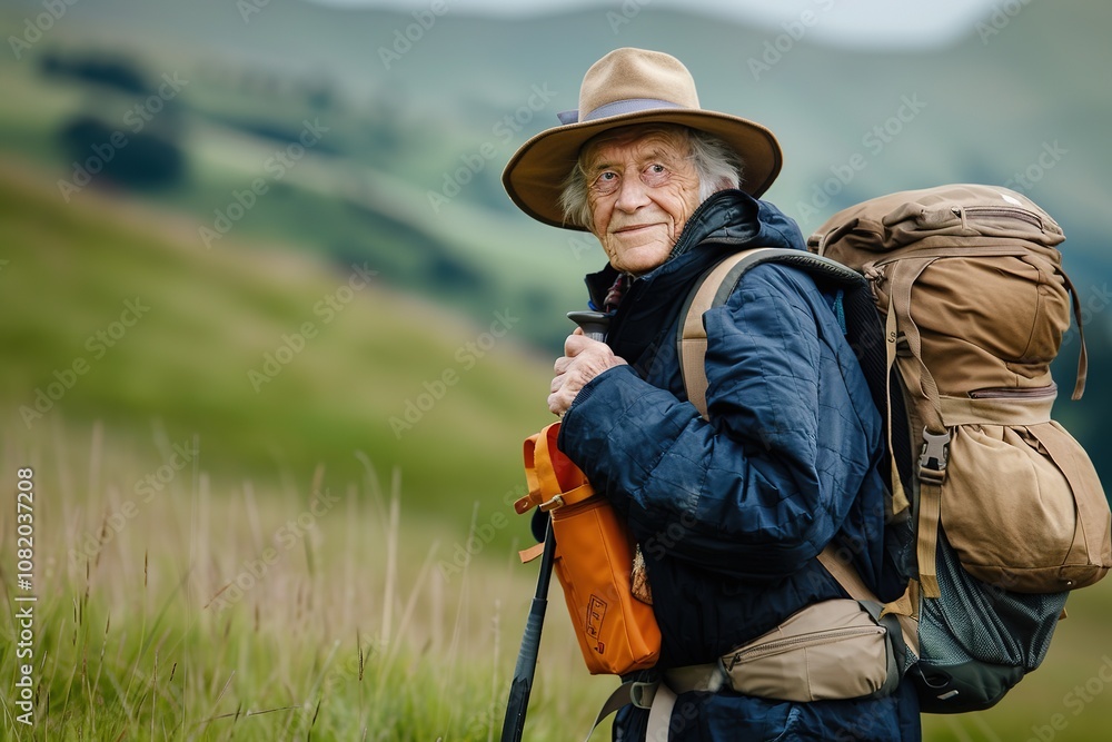 Elderly hiker with backpack in nature, wisdom in his eyes Elderly hiker with backpack in nature, wisdom in his eyes