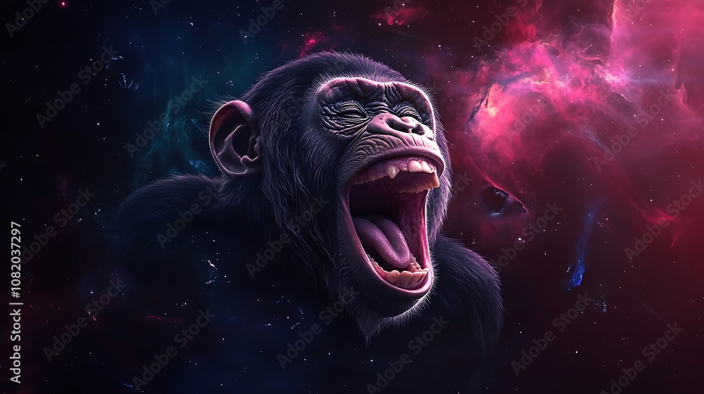 Powerful Roaring Gorilla with Fiery Nebula and Starry Sky Illustration Powerful Roaring Gorilla with Fiery Nebula and Starry Sky Illustration