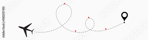 air plane reach in the destination. air plane route. airplane location. destination. reach. landing. dotted line.