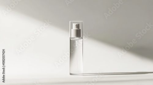 A transparent skincare bottle on a clean white background, representing simple and elegant cosmetic packaging, ideal for modern beauty brands