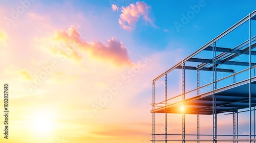 Futuristic urban architecture at sunset with metallic scaffolding and glowing skies