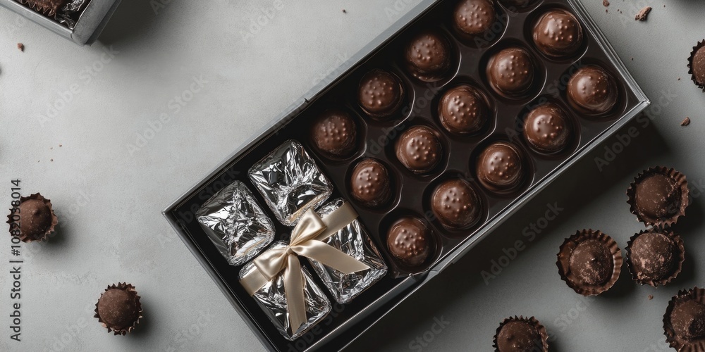 A box of assorted chocolates sitting on a table, perfect for snacking or gifting A box of assorted chocolates sitting on a table, perfect for snacking or gifting