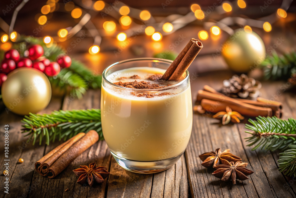 Eggnog with cinnamon stick and holiday spices Eggnog with cinnamon stick and holiday spices