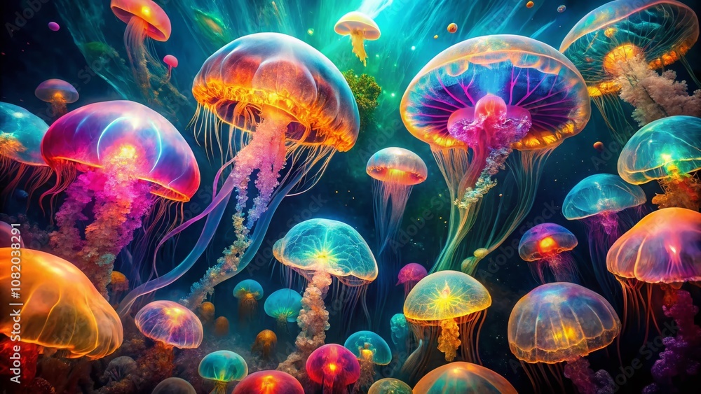 Ethereal jellyfish dance in a double exposure of the deep sea, creating abstract art. Ethereal jellyfish dance in a double exposure of the deep sea, creating abstract art.