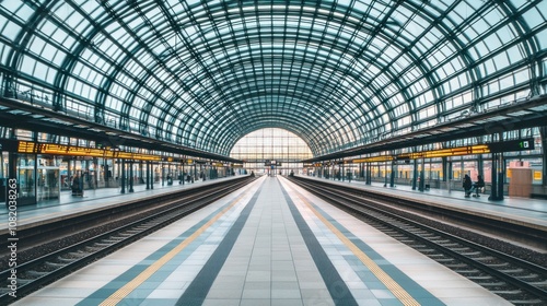 Empty Train Platform with Arched Glass Roof