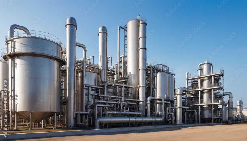 Chemical Plant with Tanks and Pipes - Complex infrastructure of a processing plant. Suitable for marketing or business purposes Chemical Plant with Tanks and Pipes - Complex infrastructure of a processing plant. Suitable for marketing or business purposes