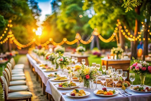 Exquisite wedding feast.  Champagne flows, luxury banquet awaits.