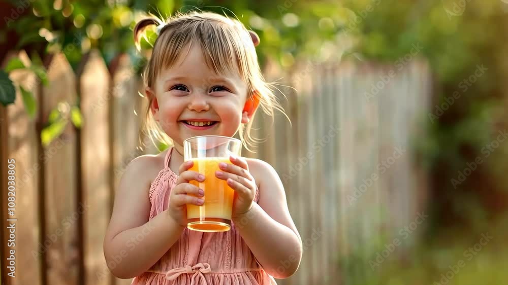 Cheerful toddler enjoys a glass of orange juice while playing in a sunny garden with a wooden fence in the background