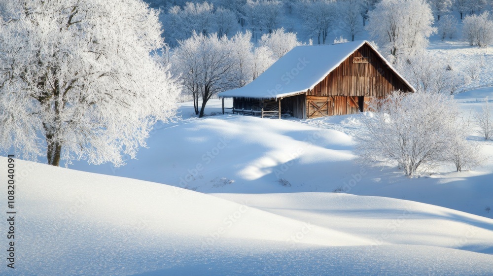 Snowy Winter Landscape with a Rustic Barn Snowy Winter Landscape with a Rustic Barn