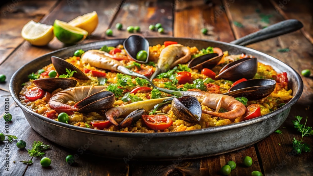 Gourmet paella close-up, a vibrant Spanish dish in a large pan. Gourmet paella close-up, a vibrant Spanish dish in a large pan.