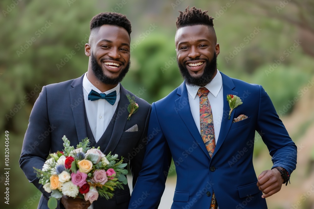 Two men in suits and ties, one holding a bouquet of flowers. Scene is happy and celebratory Two men in suits and ties, one holding a bouquet of flowers. Scene is happy and celebratory