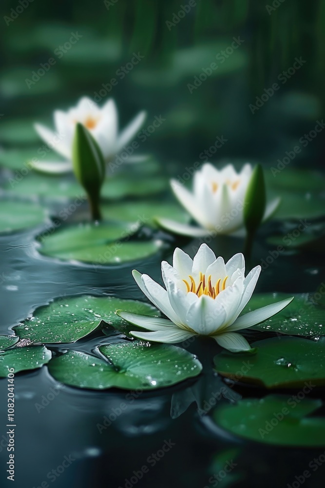 A group of water lilies floating on the surface of a calm lake A group of water lilies floating on the surface of a calm lake