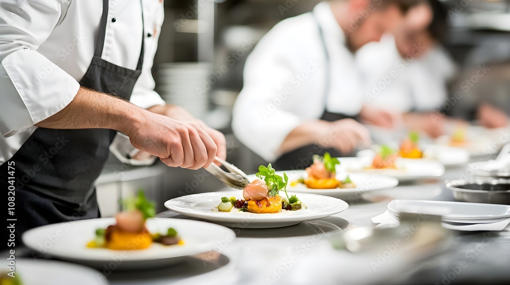 Skilled professional chefs meticulously preparing and plating signature dishes in a gourmet kitchen, showcasing culinary artistry and attention to detail for food enthusiasts. Skilled professional chefs meticulously preparing and plating signature dishes in a gourmet kitchen, showcasing culinary artistry and attention to detail for food enthusiasts.
