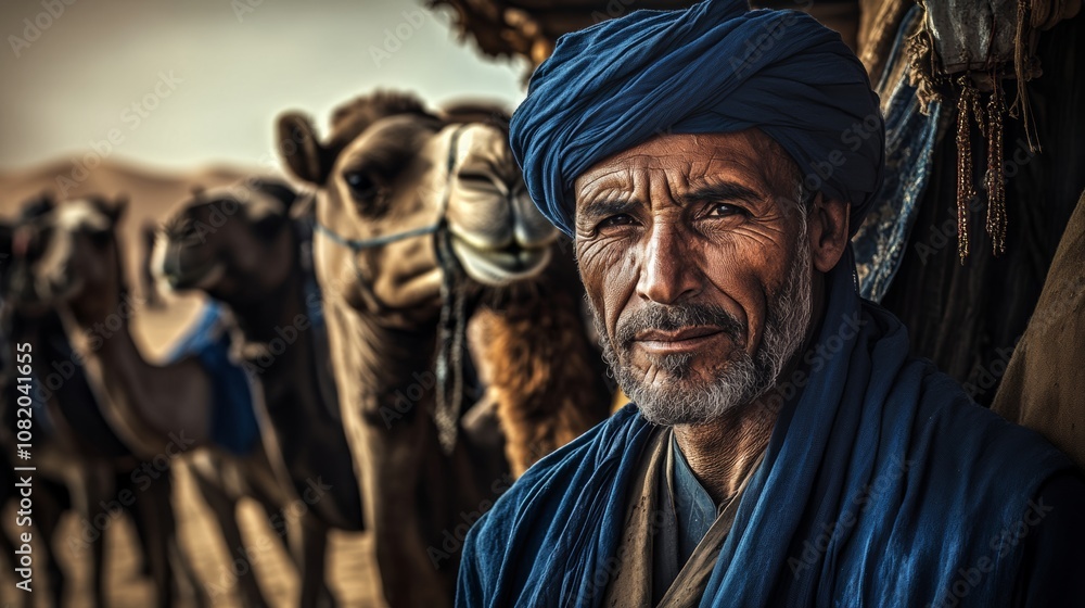 A Tuareg camel trader in traditional blue robes, standing proudly next to his camels at a market in the desert, with the vast dunes stretching out behind him A Tuareg camel trader in traditional blue robes, standing proudly next to his camels at a market in the desert, with the vast dunes stretching out behind him