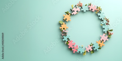 Colorful Puzzle Pieces Form a Vibrant Wreath Surrounded by Fresh Greenery on a Soft Pastel Background Ideal for Team Building and Collaboration Themes