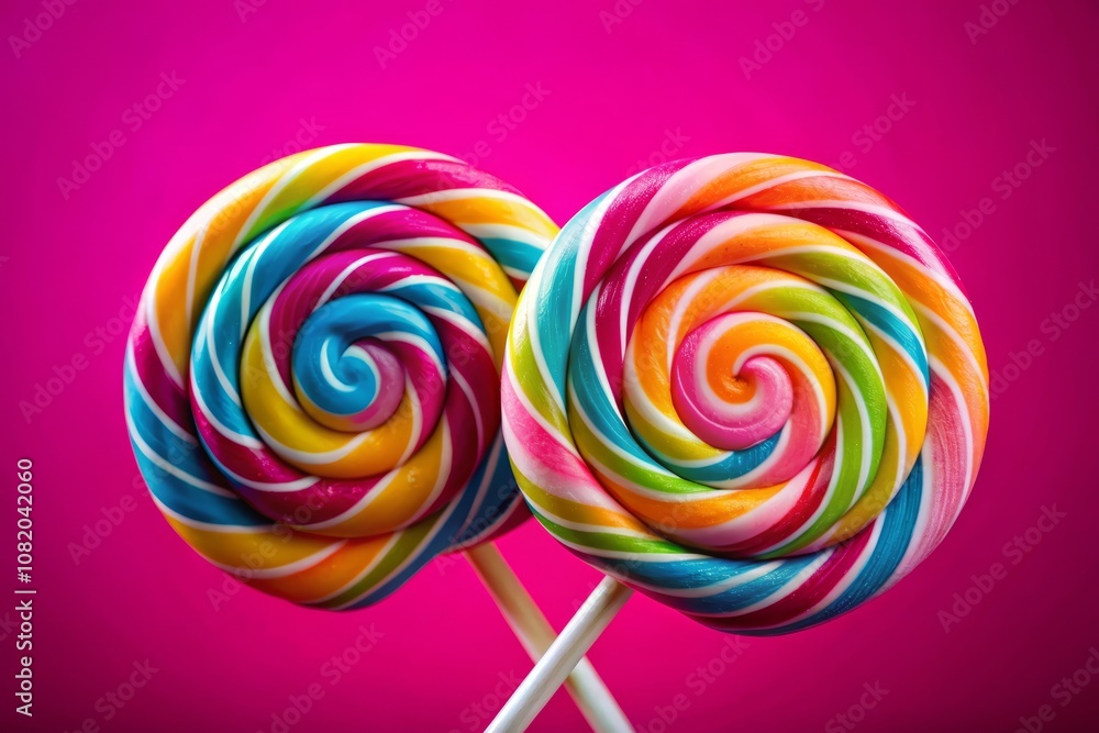 Two Colorful Striped Lollipops on Sticks Positioned Against a Vibrant Pink Background Creating a Sweet and Playful Atmosphere for Treats or Celebrations Two Colorful Striped Lollipops on Sticks Positioned Against a Vibrant Pink Background Creating a Sweet and Playful Atmosphere for Treats or Celebrations
