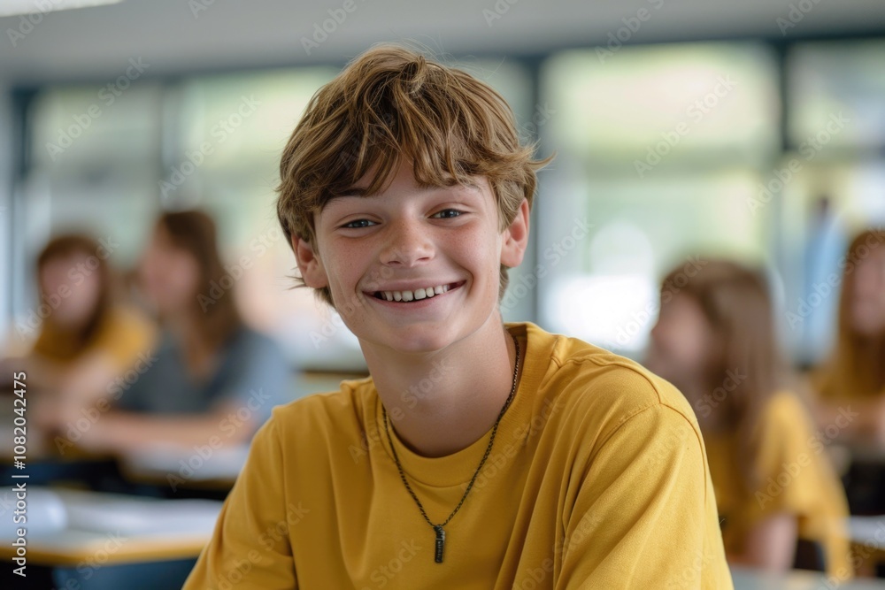 Obraz premium A young boy sits at a desk in a typical classroom setting