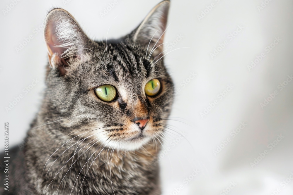 A close-up photo of a domestic cat's face, featuring bright green eyes