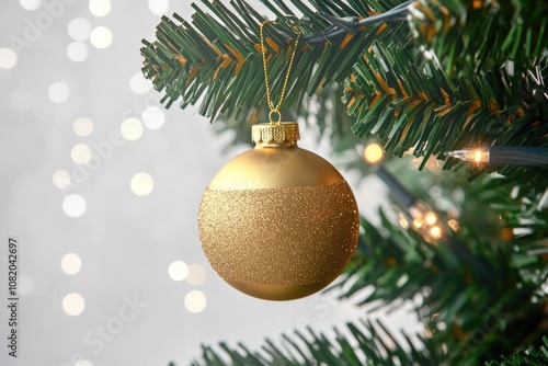 A golden ornament hangs from a Christmas tree, perfect for holiday decoration or gift giving