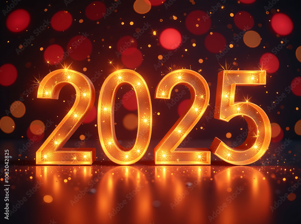New Year's lights gold and dark red colors bokeh background with glowing number 2025 and fireworks. Happy New Year concept for 2025. New Year's lights gold and dark red colors bokeh background with glowing number 2025 and fireworks. Happy New Year concept for 2025.