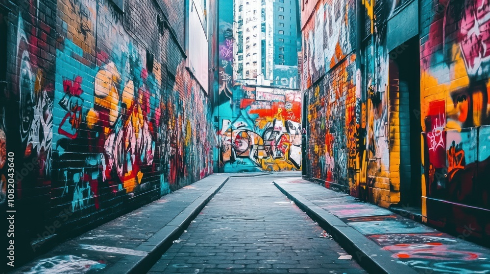 Fototapeta premium Colorful Graffiti Alleyway with Brick Walls and Cobblestone Path