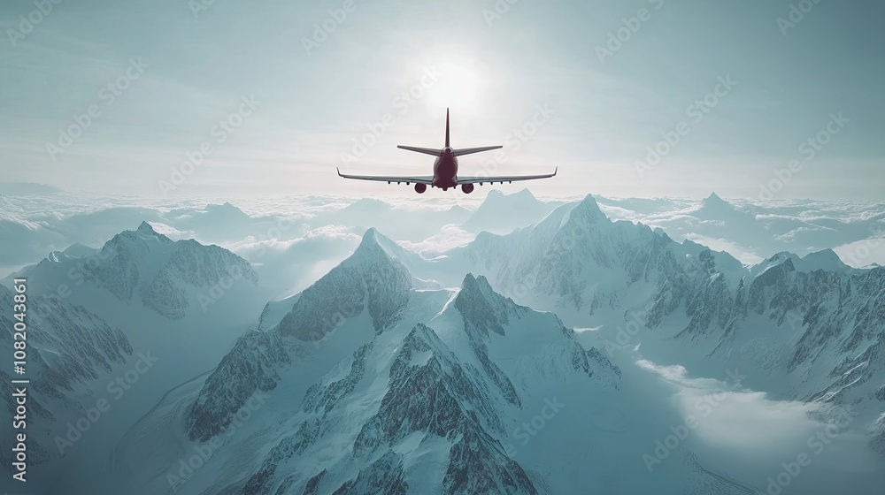 Airplane flying above a mountain range as seen from below, with the peaks framing the sky. Scenic and adventurous tone Airplane flying above a mountain range as seen from below, with the peaks framing the sky. Scenic and adventurous tone