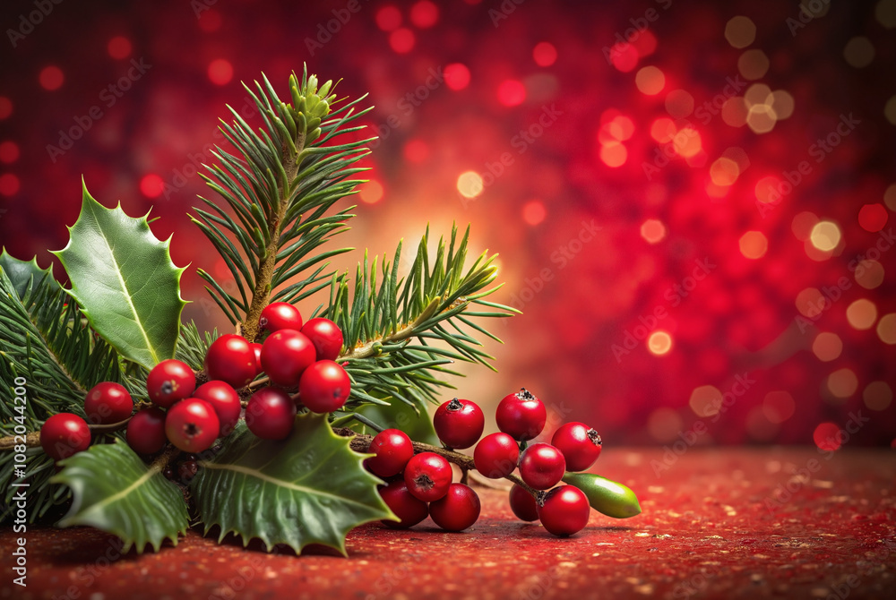 Red berries with pine branches on a red festive background Red berries with pine branches on a red festive background