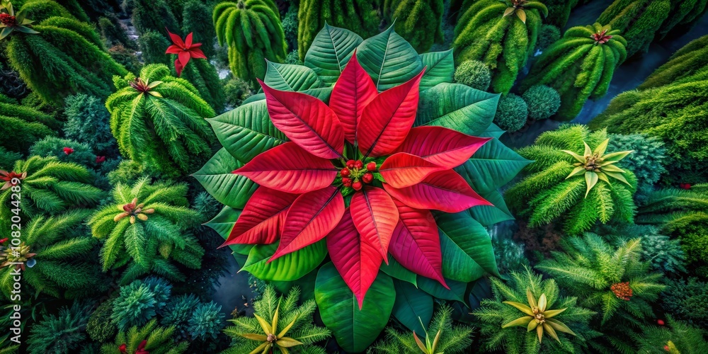 Fototapeta premium Stunning Drone Photography of Noche Buena Flower in Lush Tropical Landscape, Vibrant Colors, Aerial View, Nature's Beauty, Holidays, Botanical Gardens, Festive Flora, Christmas Plants