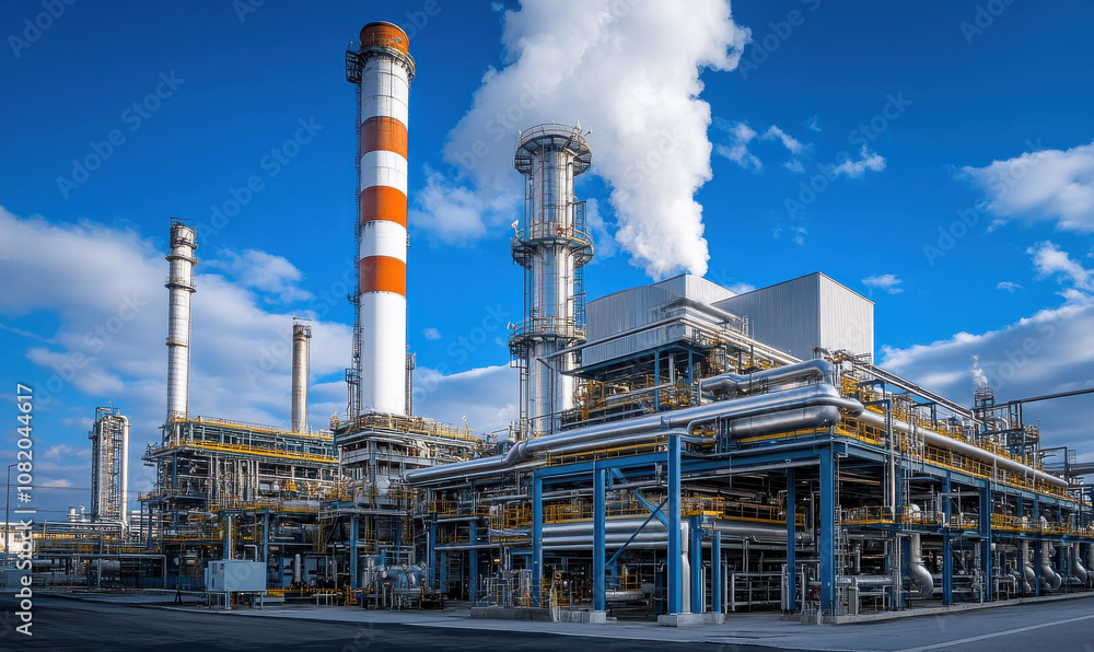 Fototapeta premium Industrial complex with tall chimneys releasing smoke into sky