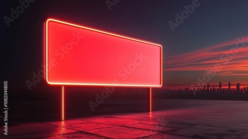 Neon Blank Sign on City Sunset Background photo