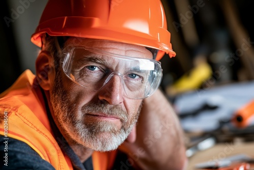 Construction worker in safety gear focused on the task at a building site.