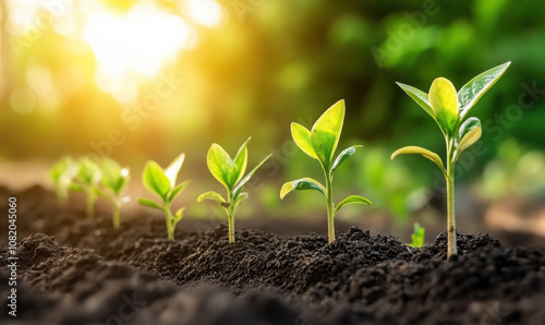 Young plants growing in rich soil, symbol of hope and growth