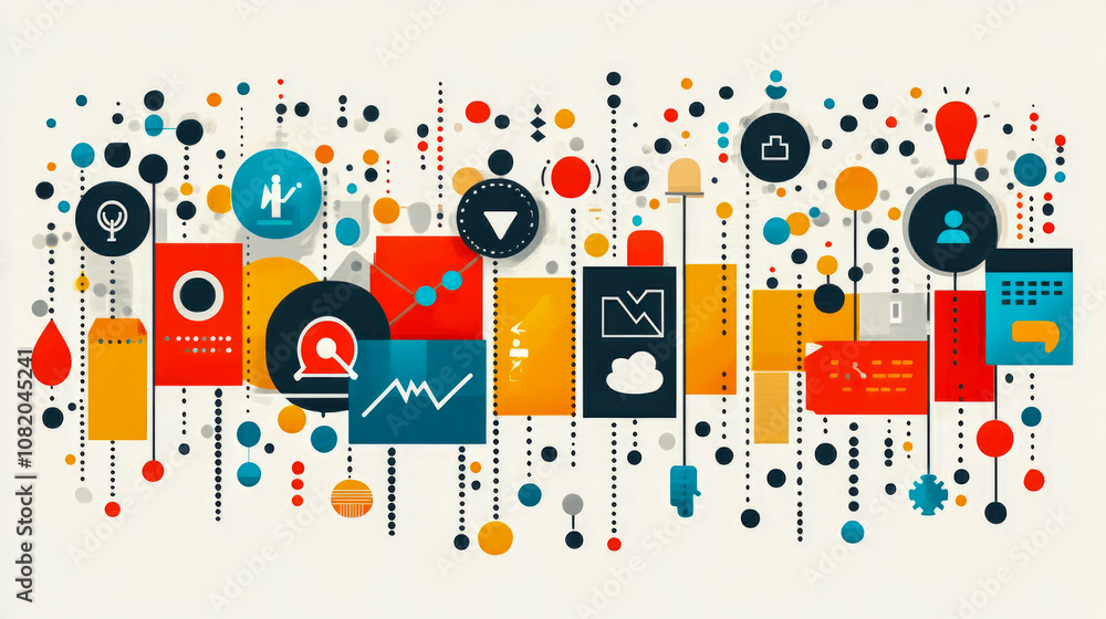 Obraz premium The digital artwork showcases a vibrant array of icons, shapes, and graphs, embodying the theme of data analysis and technology
