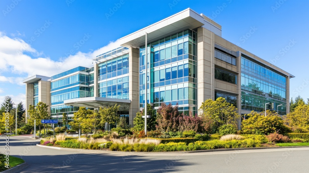 Modern Office Building with Landscaped Grounds Modern Office Building with Landscaped Grounds