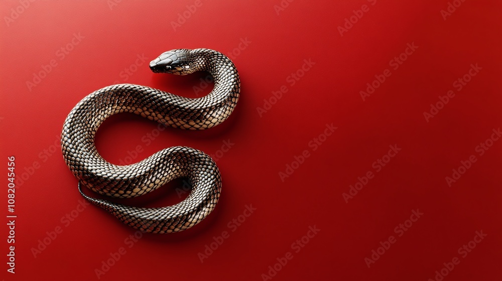 A Close-Up View of a Coiled Snake on a Smooth Red Background, Showcasing Intricate Patterns and Textures of Scales in Detail for Art and Design Projects A Close-Up View of a Coiled Snake on a Smooth Red Background, Showcasing Intricate Patterns and Textures of Scales in Detail for Art and Design Projects