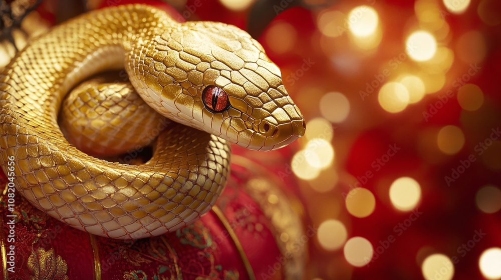 A Gorgeous Golden Snake with Shimmering Scales and Striking Red Eyes Coils Gracefully on an Ornate Cushion Surrounded by Soft, Blurry Warm Lights A Gorgeous Golden Snake with Shimmering Scales and Striking Red Eyes Coils Gracefully on an Ornate Cushion Surrounded by Soft, Blurry Warm Lights