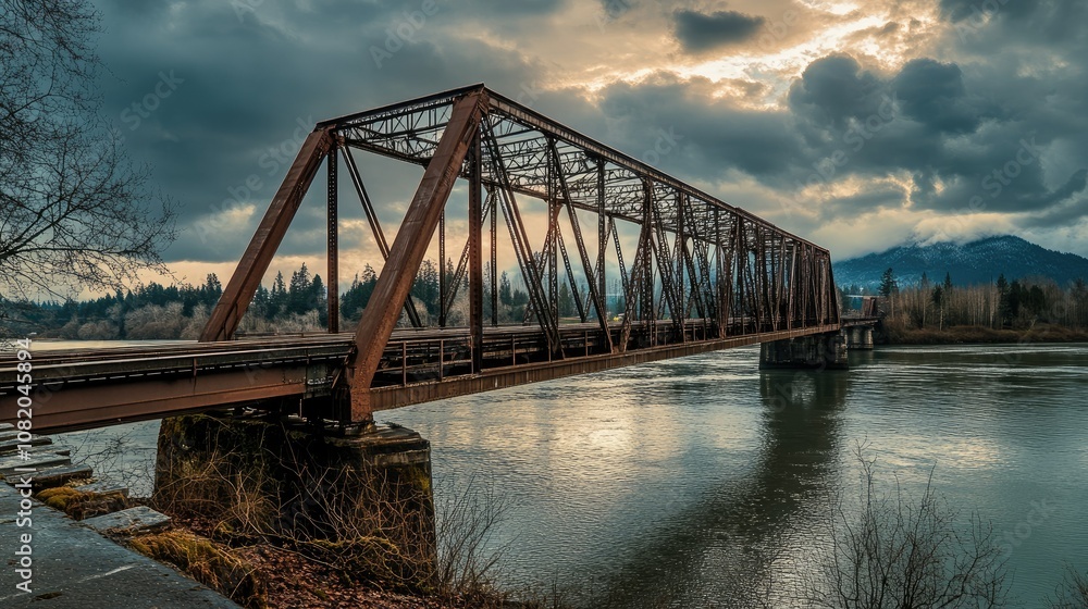 Obraz premium Angled shot of metal bridge trusses against a cloudy sky, creating a contrast between structure and nature.