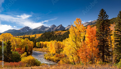yellow, red and green aspens with colourful mountains