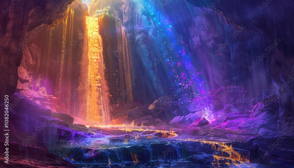 Golden Waterfall in a Mystical Cave with Purple and Blue Lighting