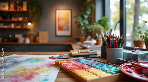 Art store, on the table there are paints for painting, colored pencils and drawings.