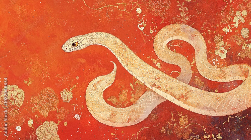 Obraz premium Artistic Representation of a Serpent Against a Vibrant Red Background Featuring Floral Elements and Intricate Textures for a Unique Visual Experience