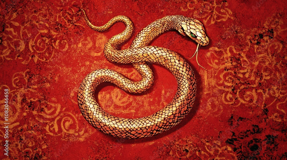 Artistic Illustration of a Snake on a Textured Red Background with Ornamental Patterns Showcasing Its Scales and Intricate Details in Vibrant Colors Artistic Illustration of a Snake on a Textured Red Background with Ornamental Patterns Showcasing Its Scales and Intricate Details in Vibrant Colors