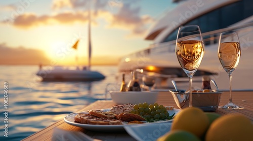 A wealthy lifestyle scene with a luxurious yacht, gourmet food, and fine wine, showcasing an indulgent and elegant way of living